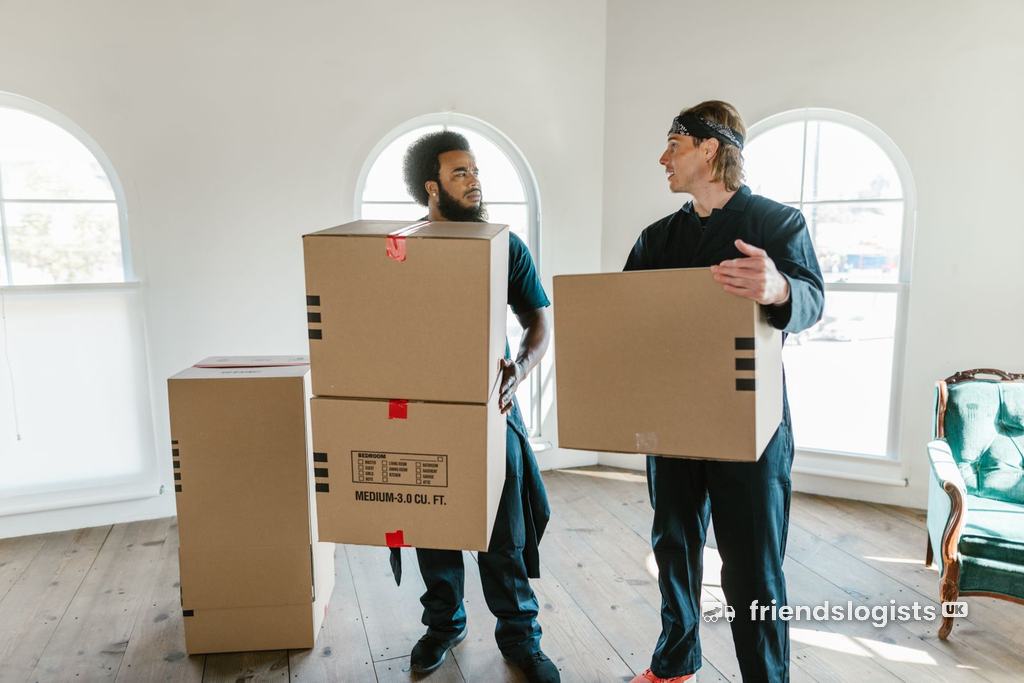 Two movers carrying cardboard boxes in a new home