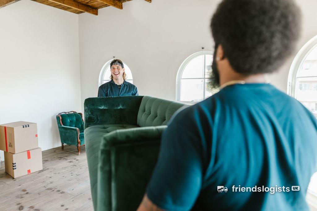 Two movers carrying a sofa through a bright living room on moving day