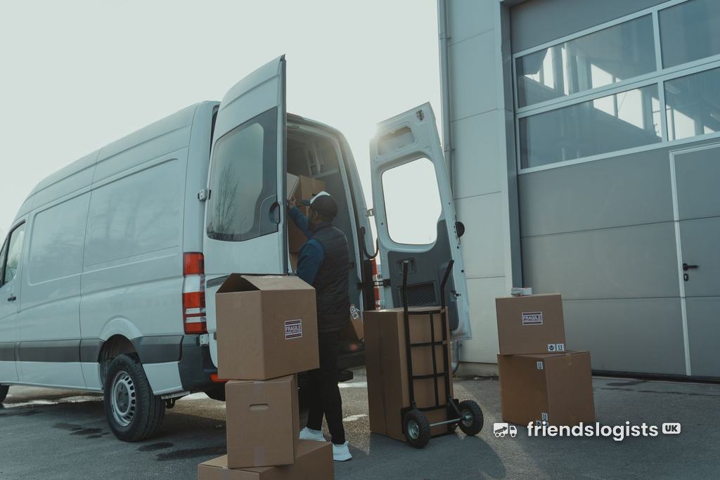 Mover loading boxes and a trolley into a delivery van