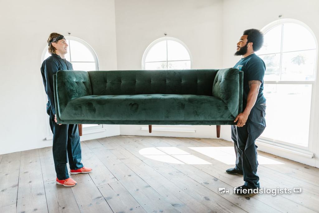 Two removal men carrying a green sofa across an empty room