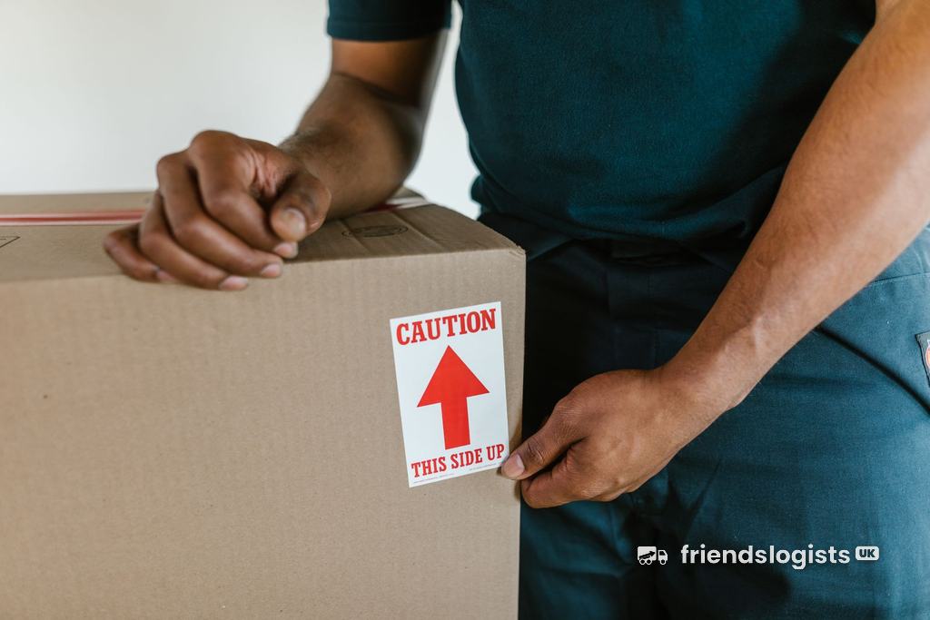 Mover holding a packed box labelled this way up